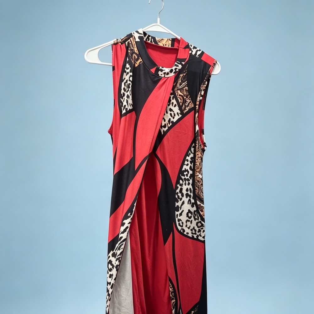 Sleeveless Red & Black Animal Print Women's Top
